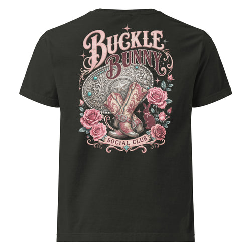 Buckle Bunny Social Club Oversized Western T-Shirt in Washed Black — back design mockup