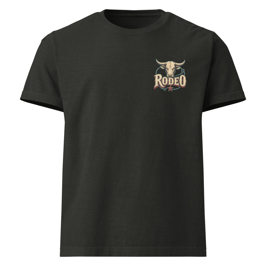 Rodeo Raised Oversized Western T-Shirt in Washed Black — front chest print mockup