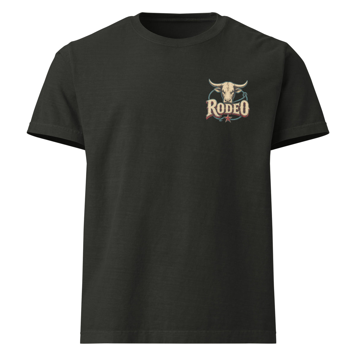 Rodeo Raised Oversized Western T-Shirt in Washed Black — front chest print mockup