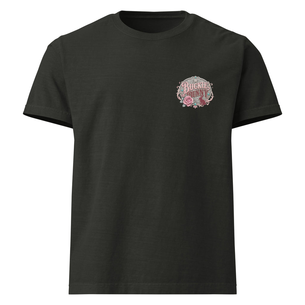 Buckle Bunny Social Club Oversized Western T-Shirt in Washed Black — front chest print mockup