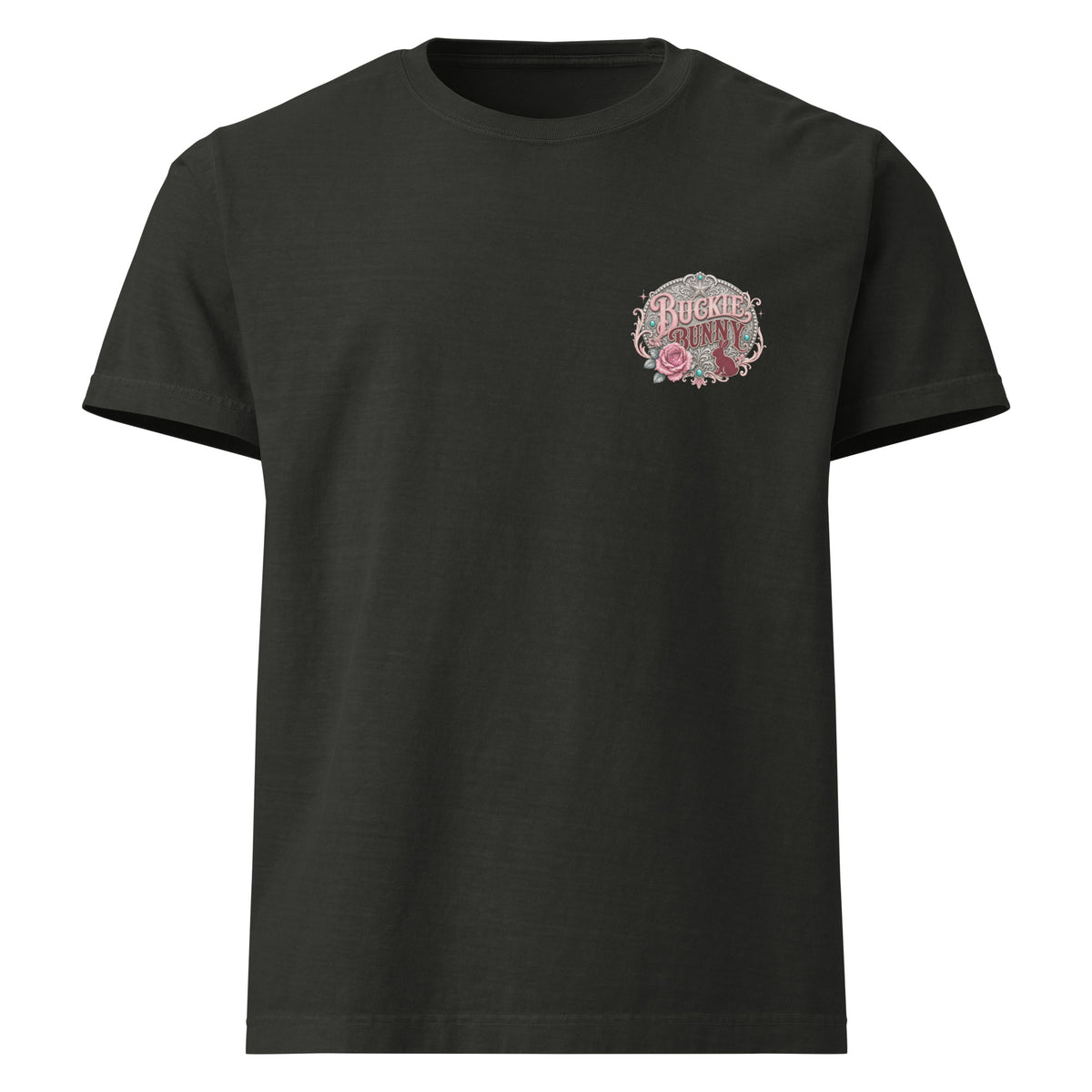 Buckle Bunny Social Club Oversized Western T-Shirt in Washed Black — front chest print mockup