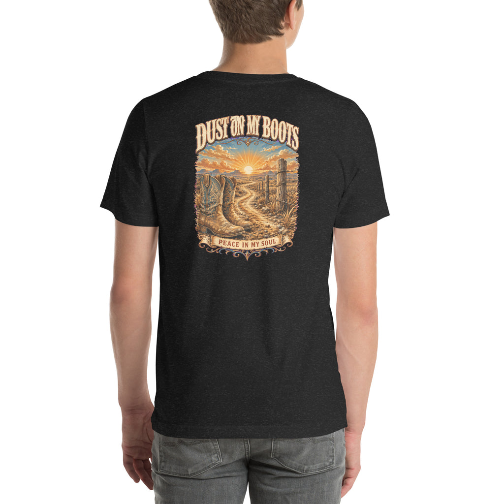 Back view of Dust on My Boots Premium Western T-Shirt showing the full-size western graphic