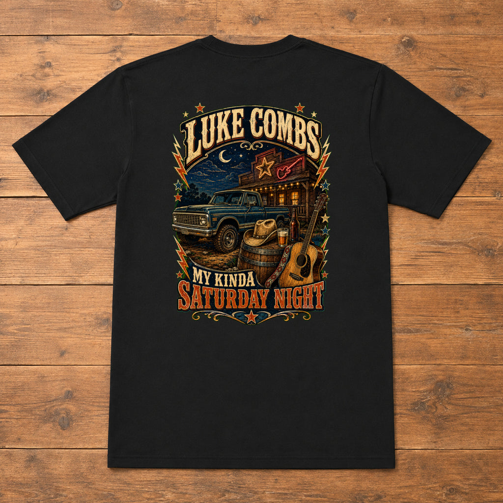 Luke Combs “My Kinda Saturday Night” Truck Back-Print T-Shirt flat-lay back view