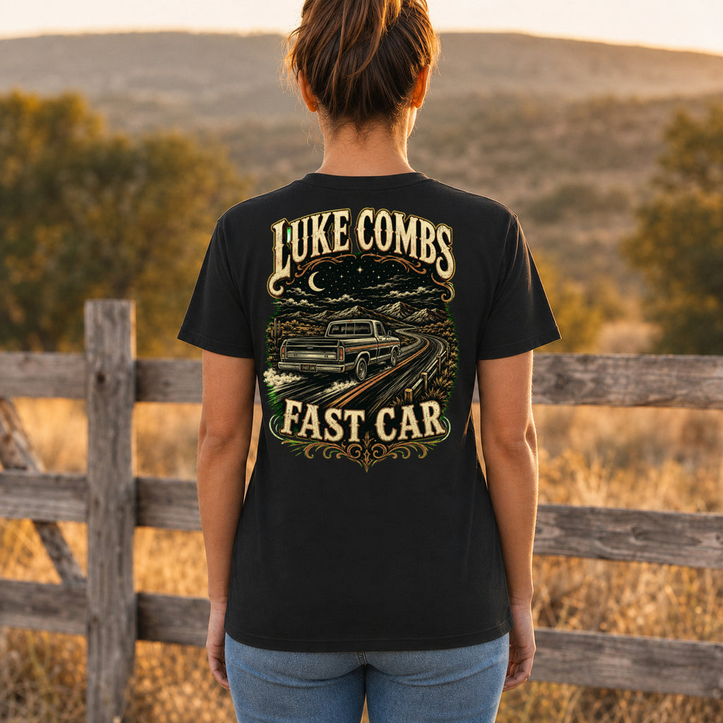 Luke Combs “Fast Car” Western Back-Print T-Shirt female back-view mockup