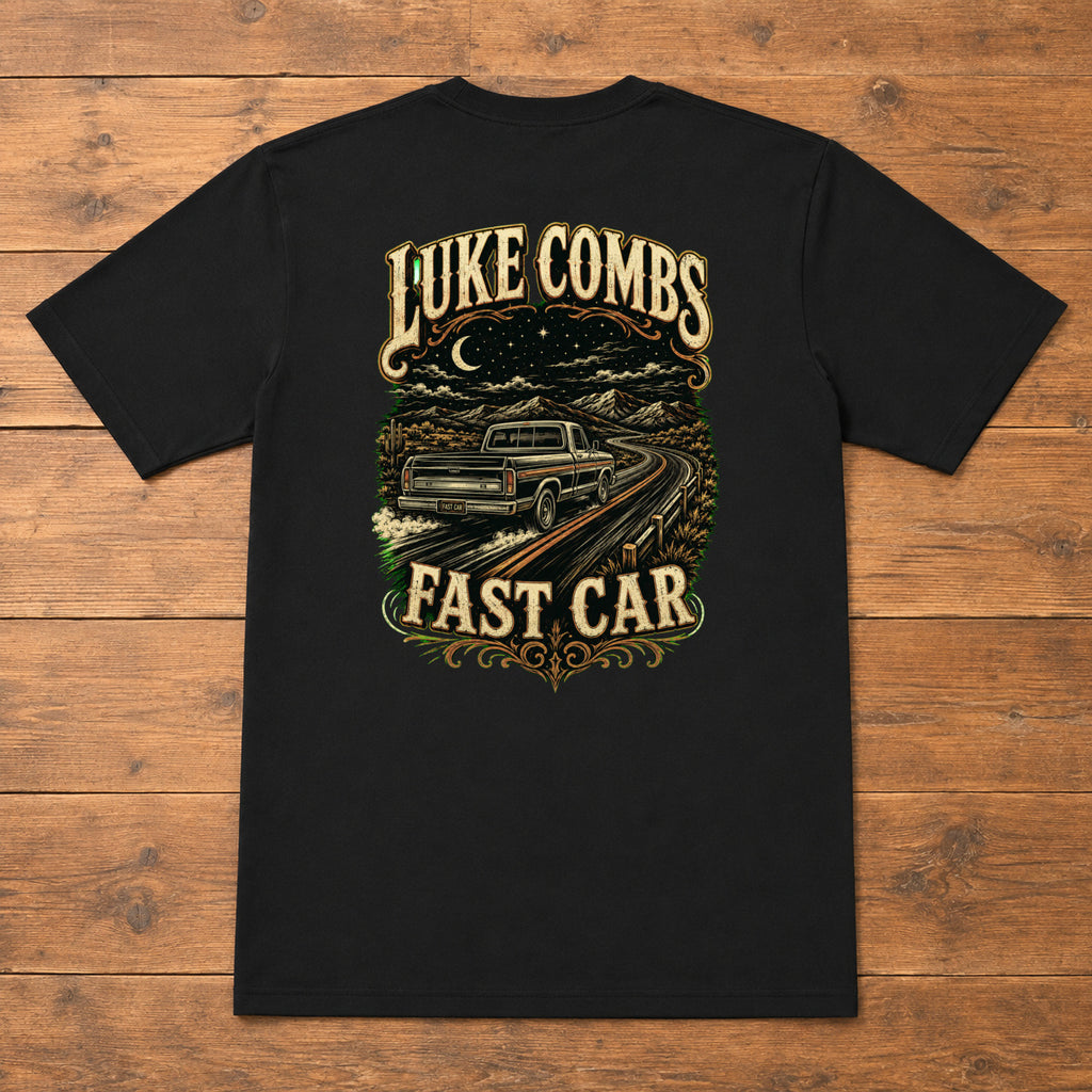 Luke Combs “Fast Car” Western Back-Print T-Shirt flat-lay back view
