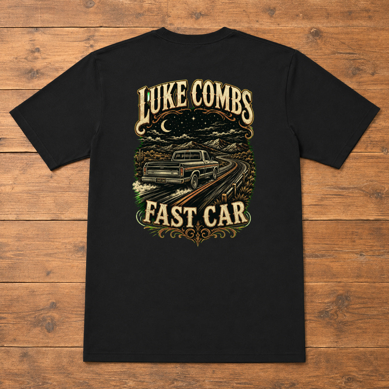 Luke Combs “Fast Car” Western Back-Print T-Shirt flat-lay back view