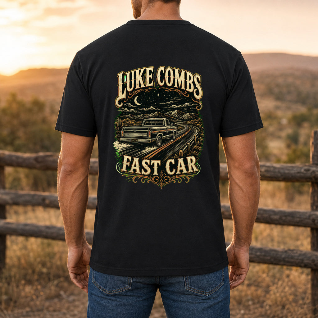 Luke Combs “Fast Car” Western Back-Print T-Shirt male back-view mockup
