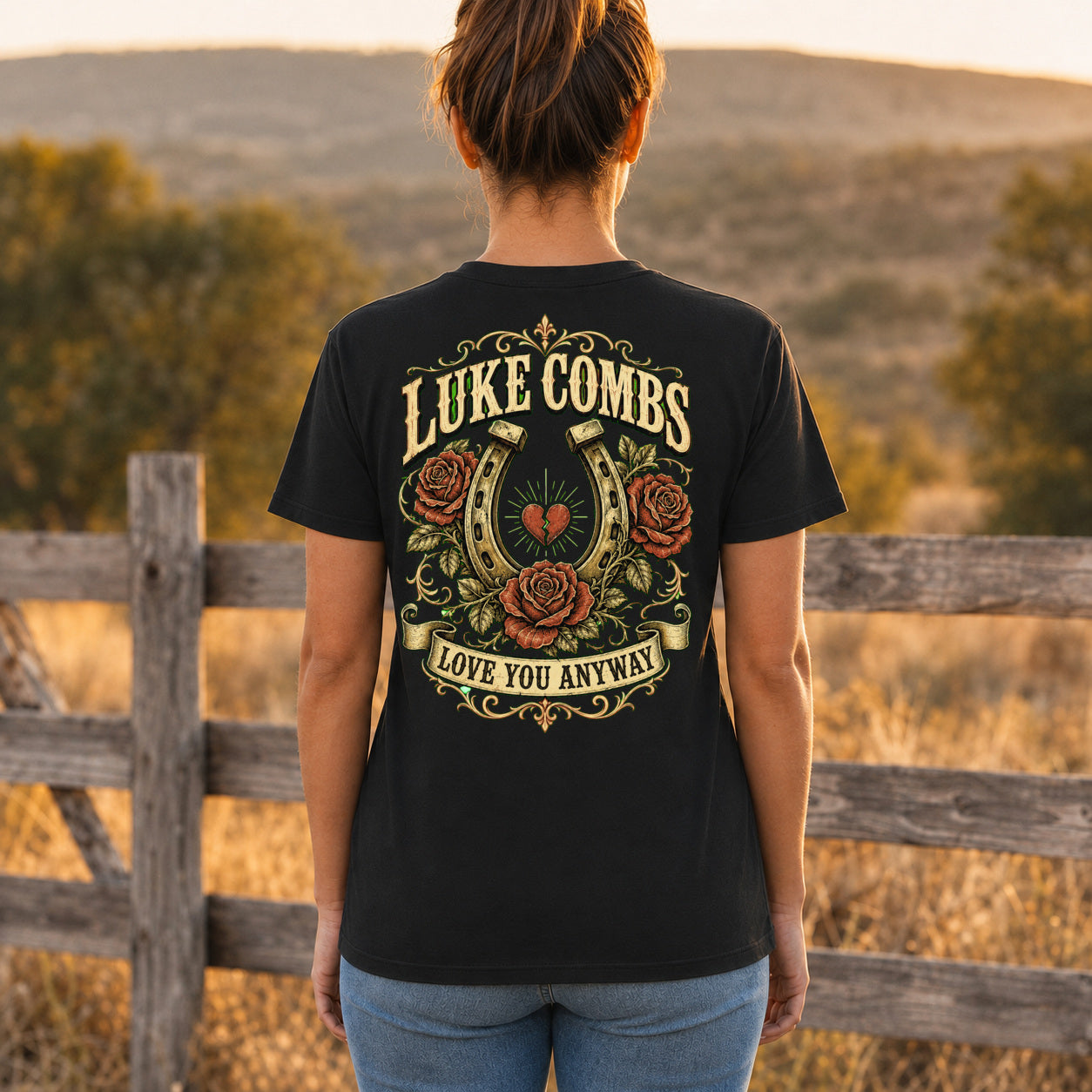 Luke Combs “Love You Anyway” Floral Back-Print T-Shirt female back-view mockup