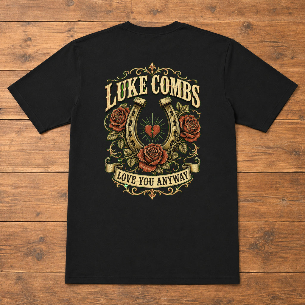 Luke Combs “Love You Anyway” Floral Back-Print T-Shirt flat-lay back view