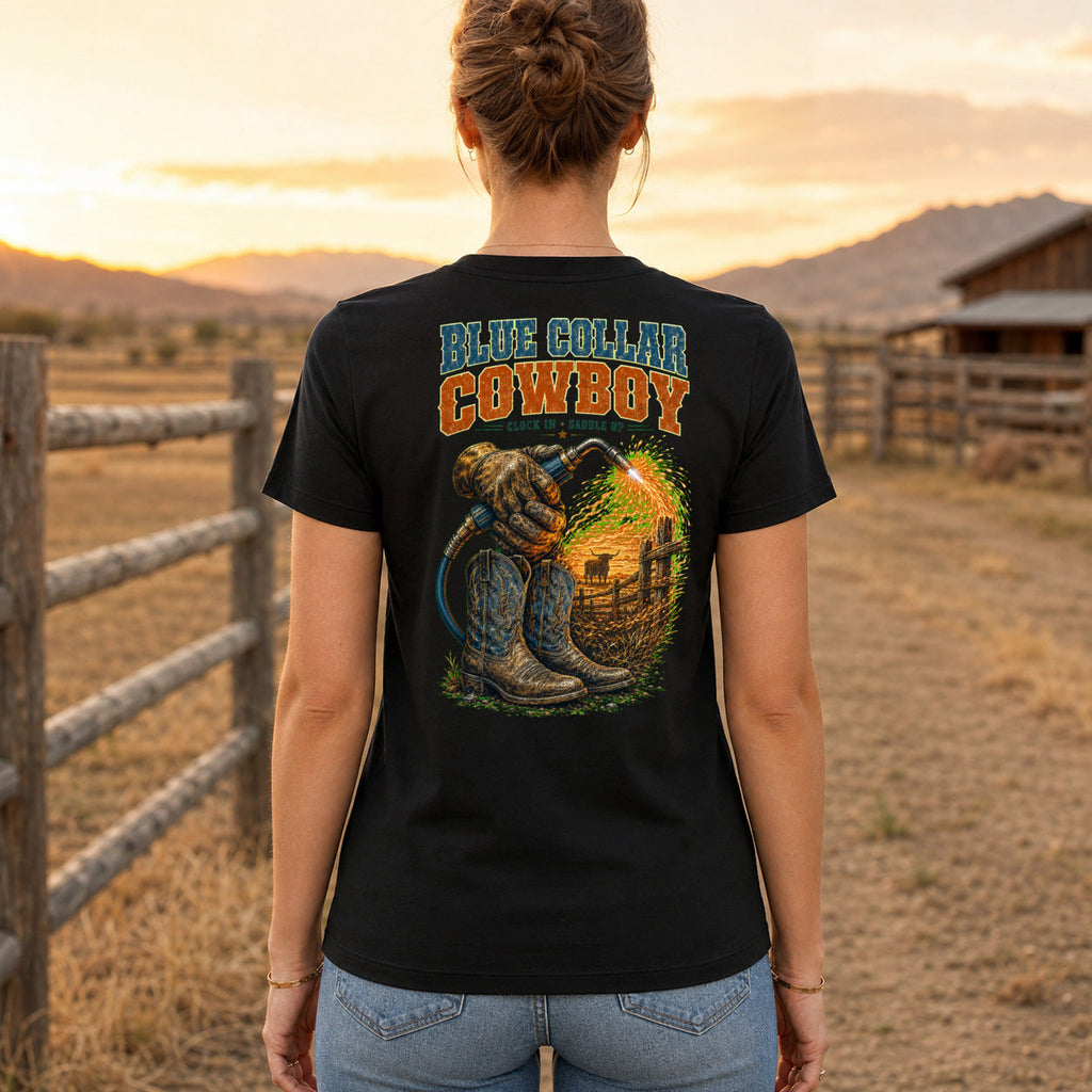 Blue Collar Cowboy Premium DTF T-Shirt women’s back fit showing centred DTF print