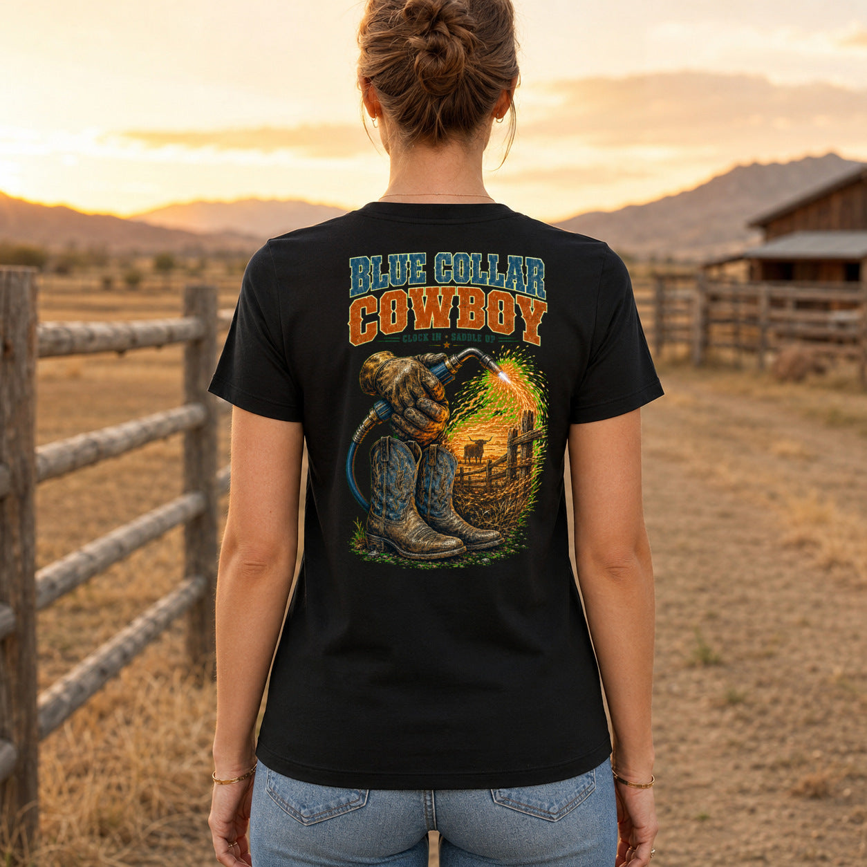 Blue Collar Cowboy Premium DTF T-Shirt women’s back fit showing centred DTF print