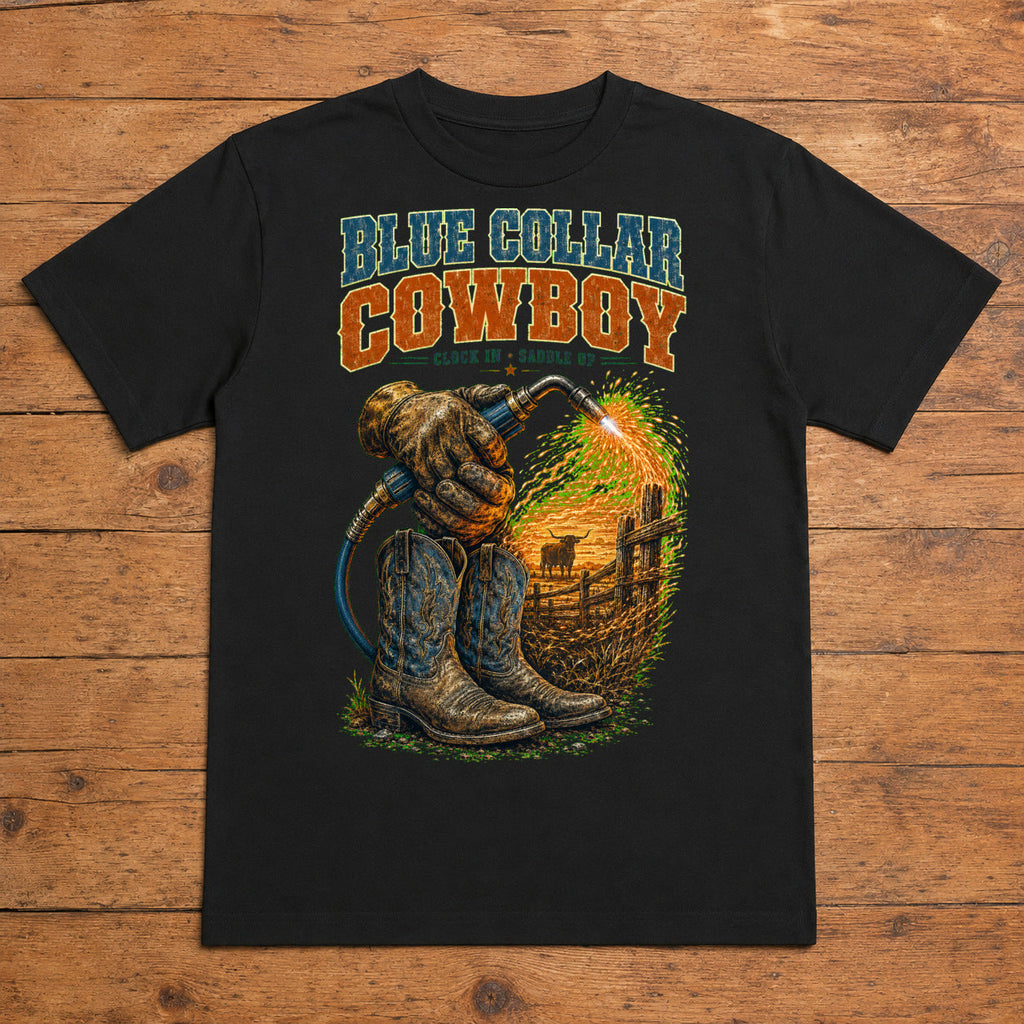 Blue Collar Cowboy Premium DTF T-Shirt flat lay showing large back print