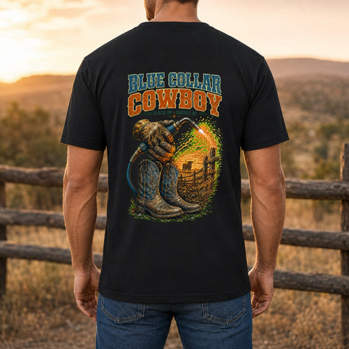 Blue Collar Cowboy Premium DTF T-Shirt men’s back fit showing DTF print