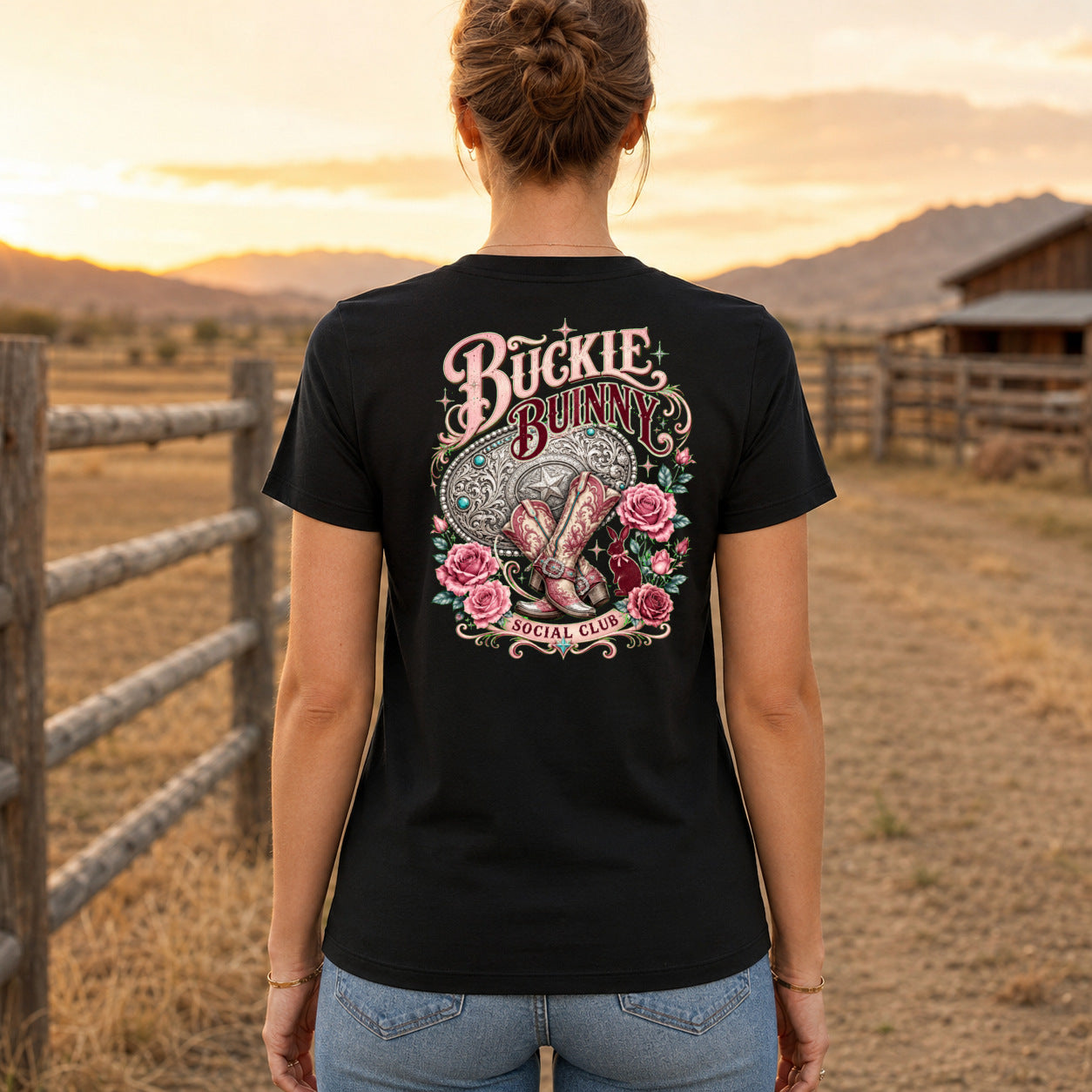 Buckle Bunny Premium DTF T-Shirt women’s back fit showing centred DTF print