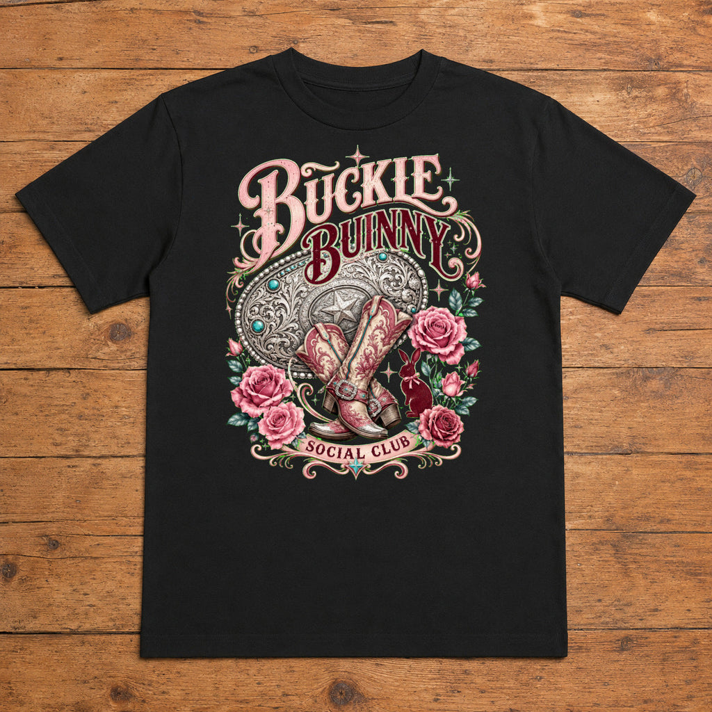Buckle Bunny Premium DTF T-Shirt flat lay showing large back print