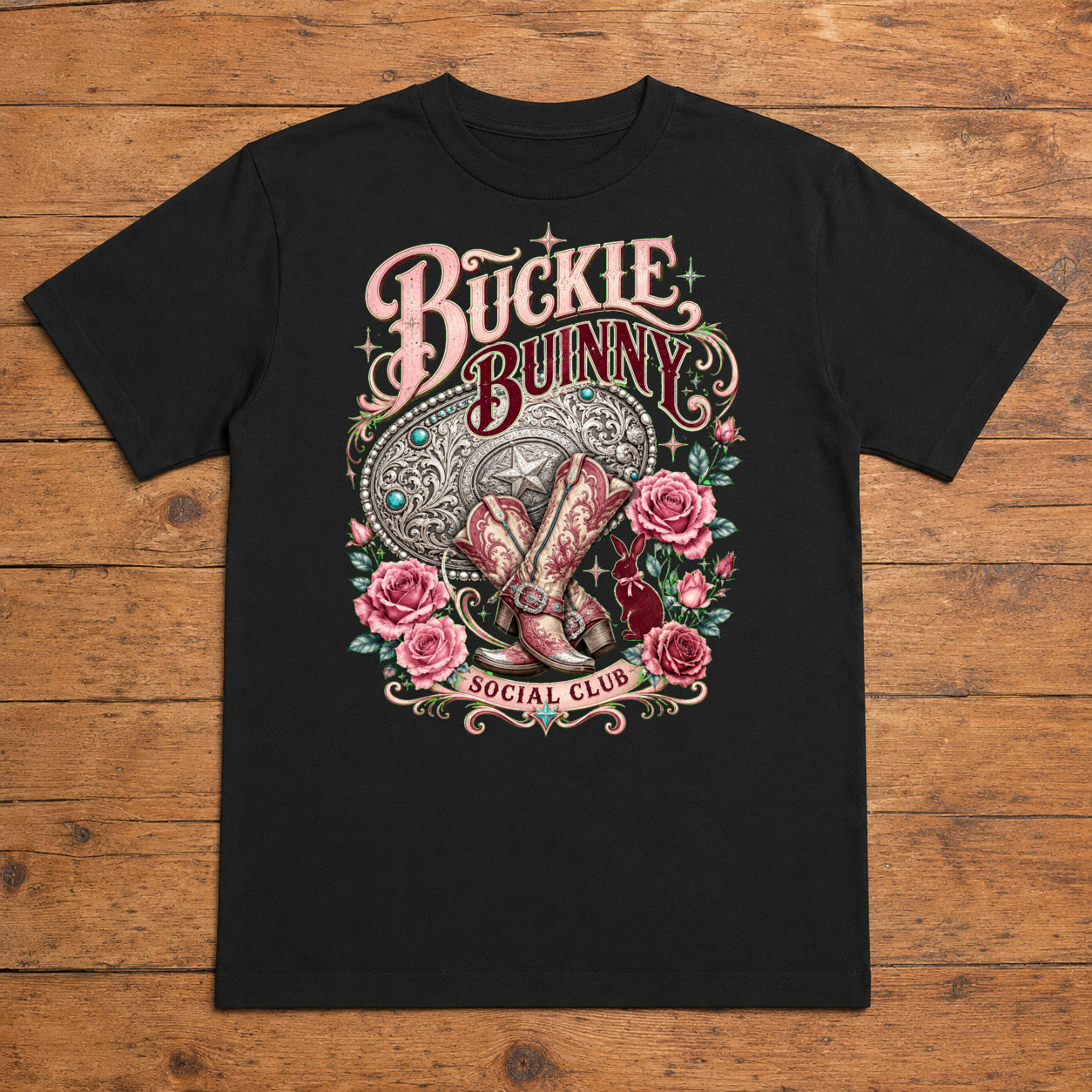 Buckle Bunny Premium DTF T-Shirt flat lay showing large back print