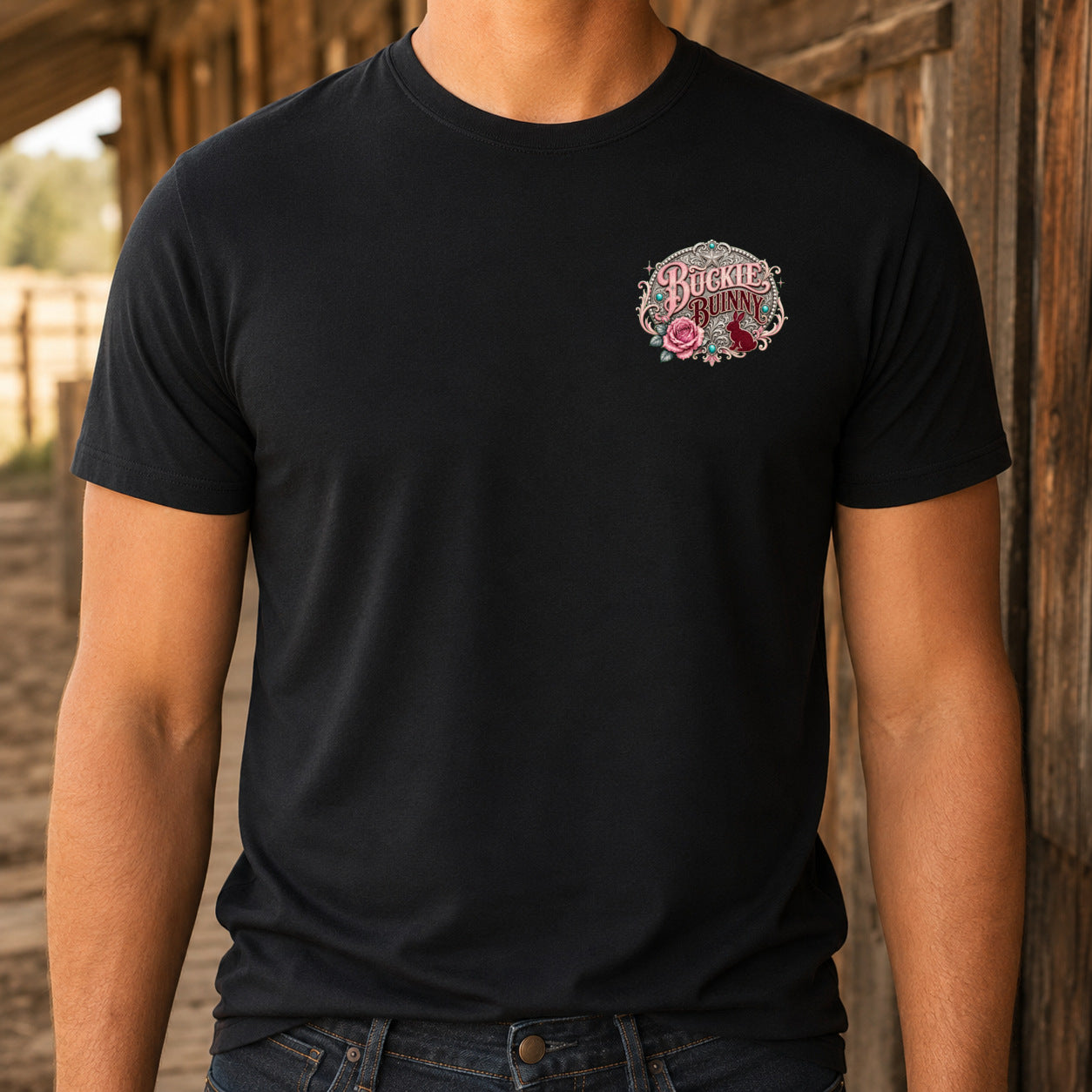 Buckle Bunny Premium DTF T-Shirt matching front left-chest print close-up