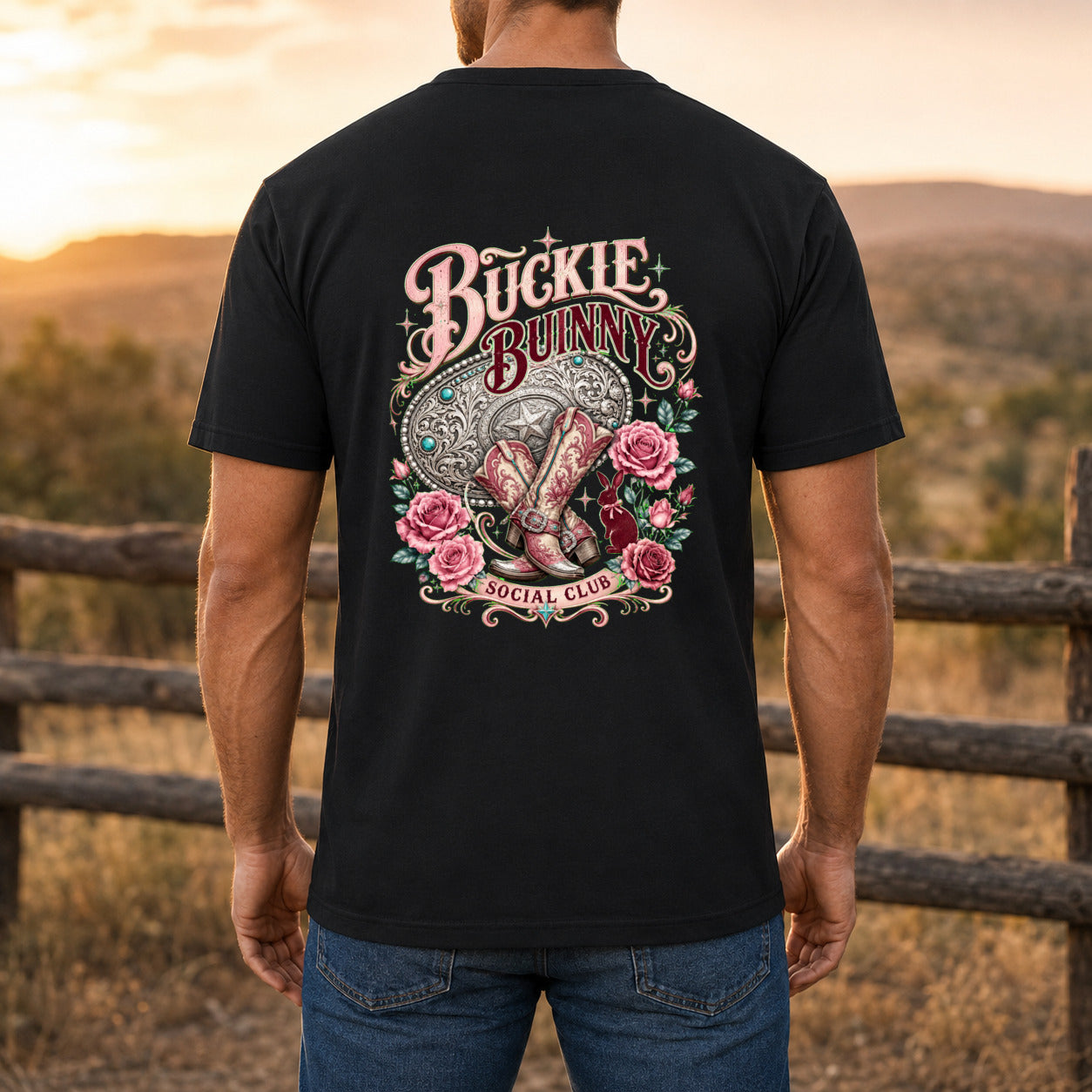 Buckle Bunny Premium DTF T-Shirt men’s back fit showing DTF print