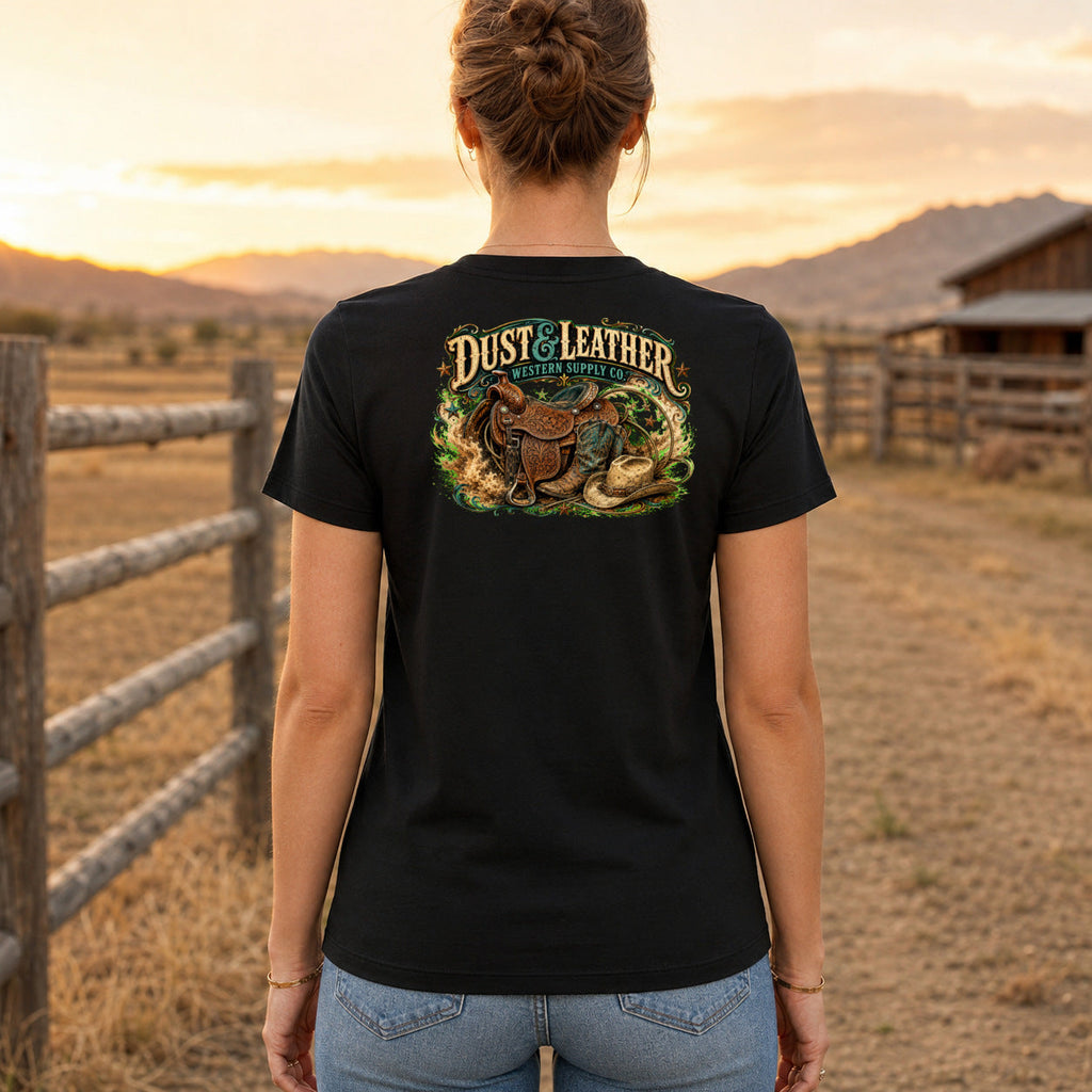Dust & Leather Premium DTF T-Shirt women’s back fit showing centred DTF print