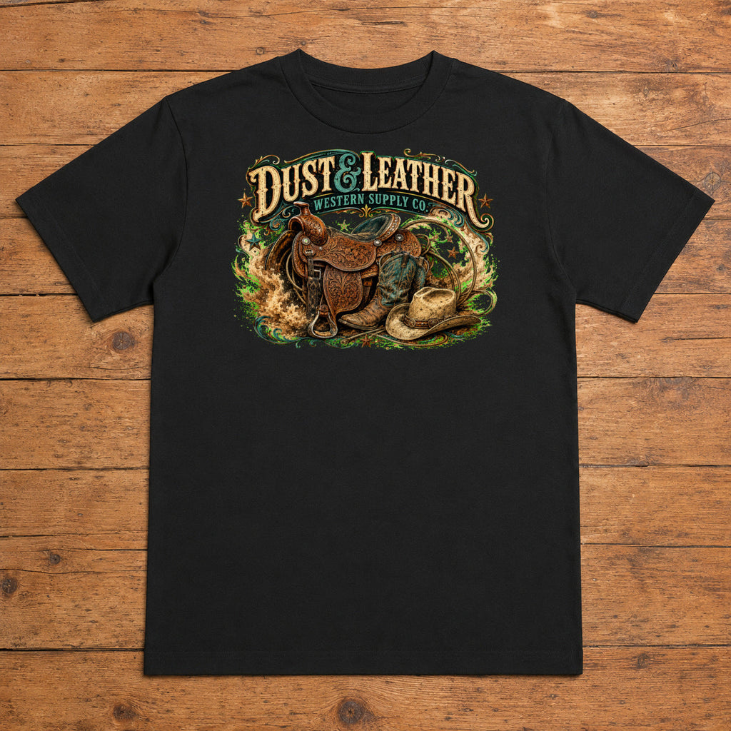 Dust & Leather Premium DTF T-Shirt flat lay showing large back print