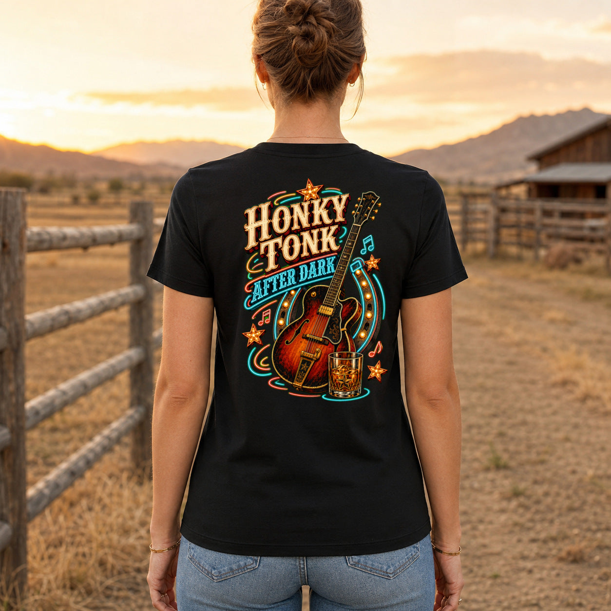 Honky Tonk After Dark Premium DTF T-Shirt women’s back fit showing centred DTF print