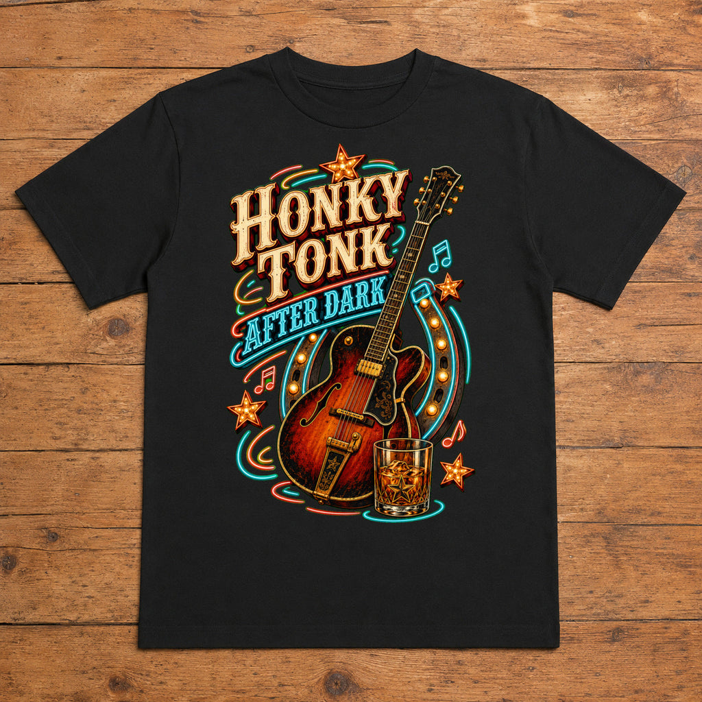 Honky Tonk After Dark Premium DTF T-Shirt flat lay showing large back print