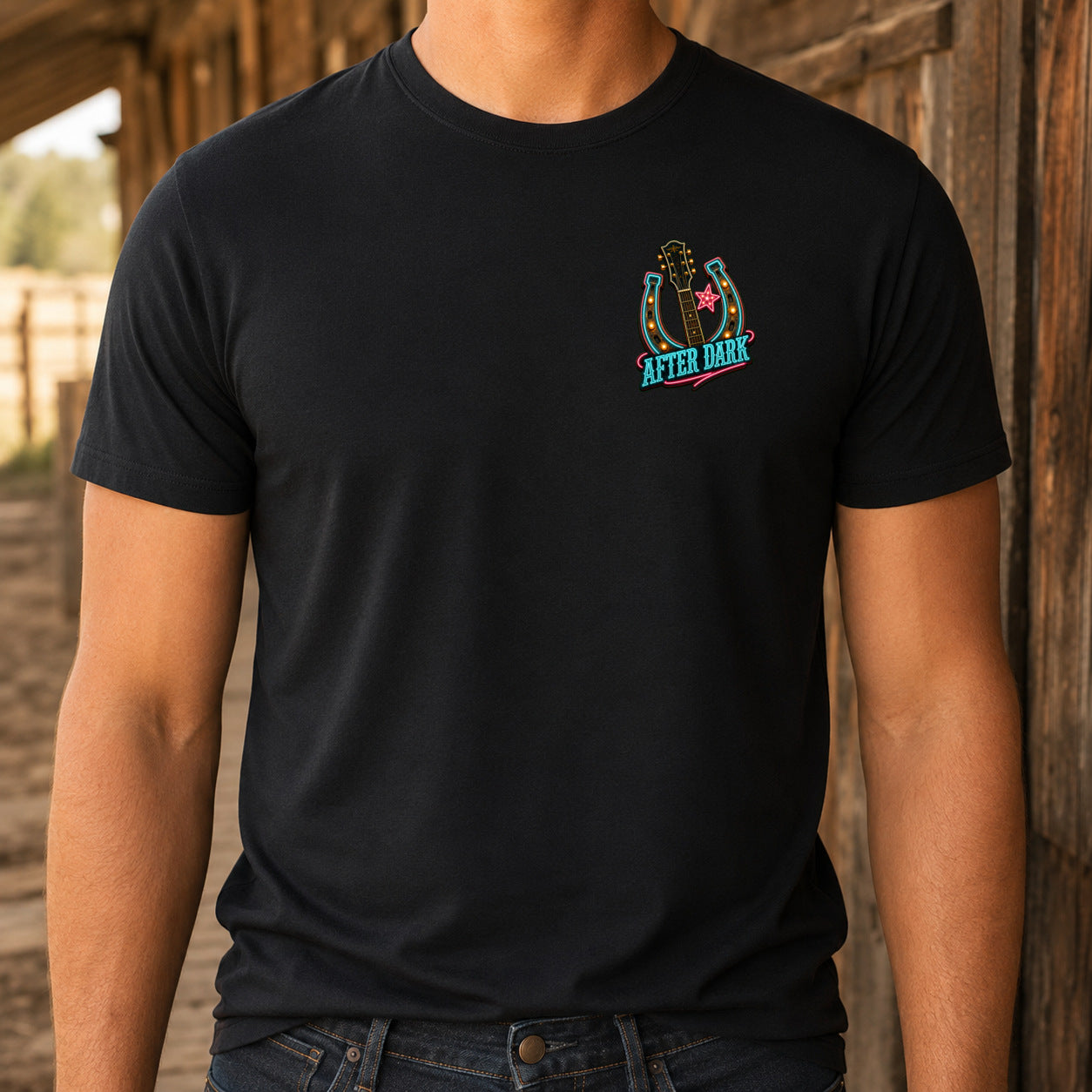 Honky Tonk After Dark Premium DTF T-Shirt matching front left-chest print close-up