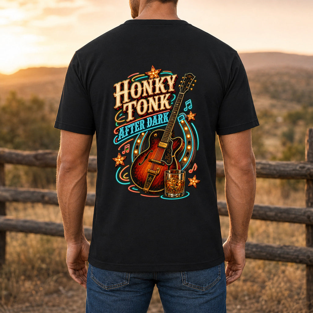 Honky Tonk After Dark Premium DTF T-Shirt men’s back fit showing DTF print