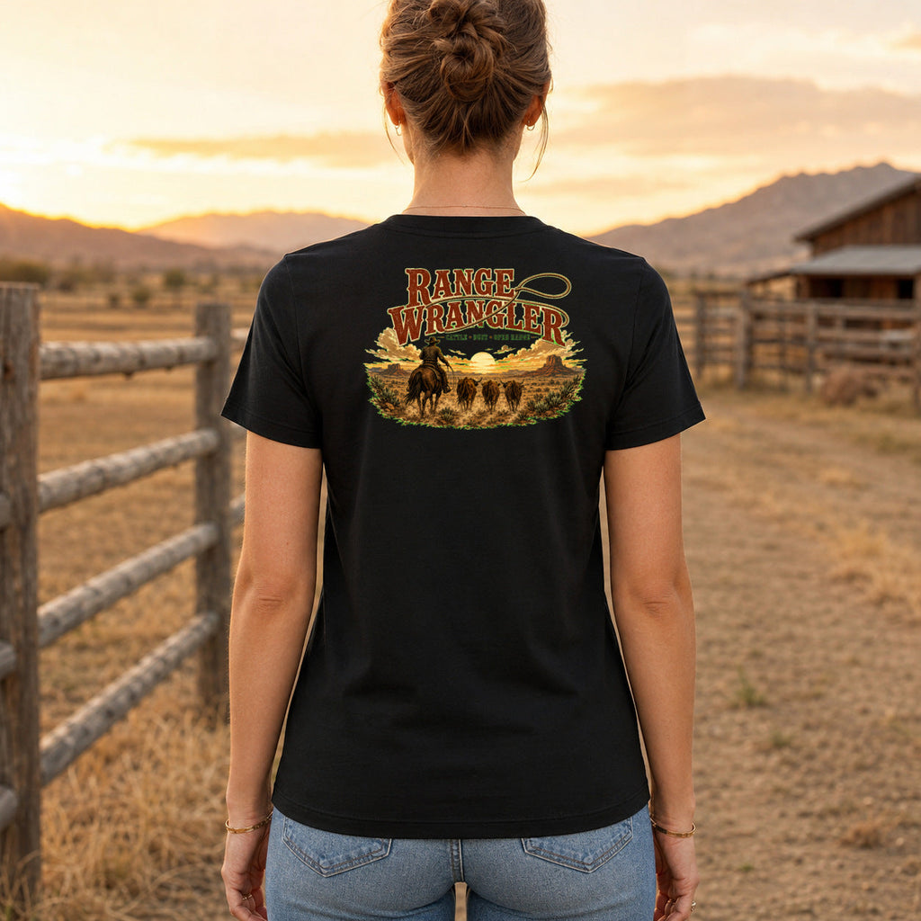 Range Wrangler Premium DTF T-Shirt women’s back fit showing centred DTF print