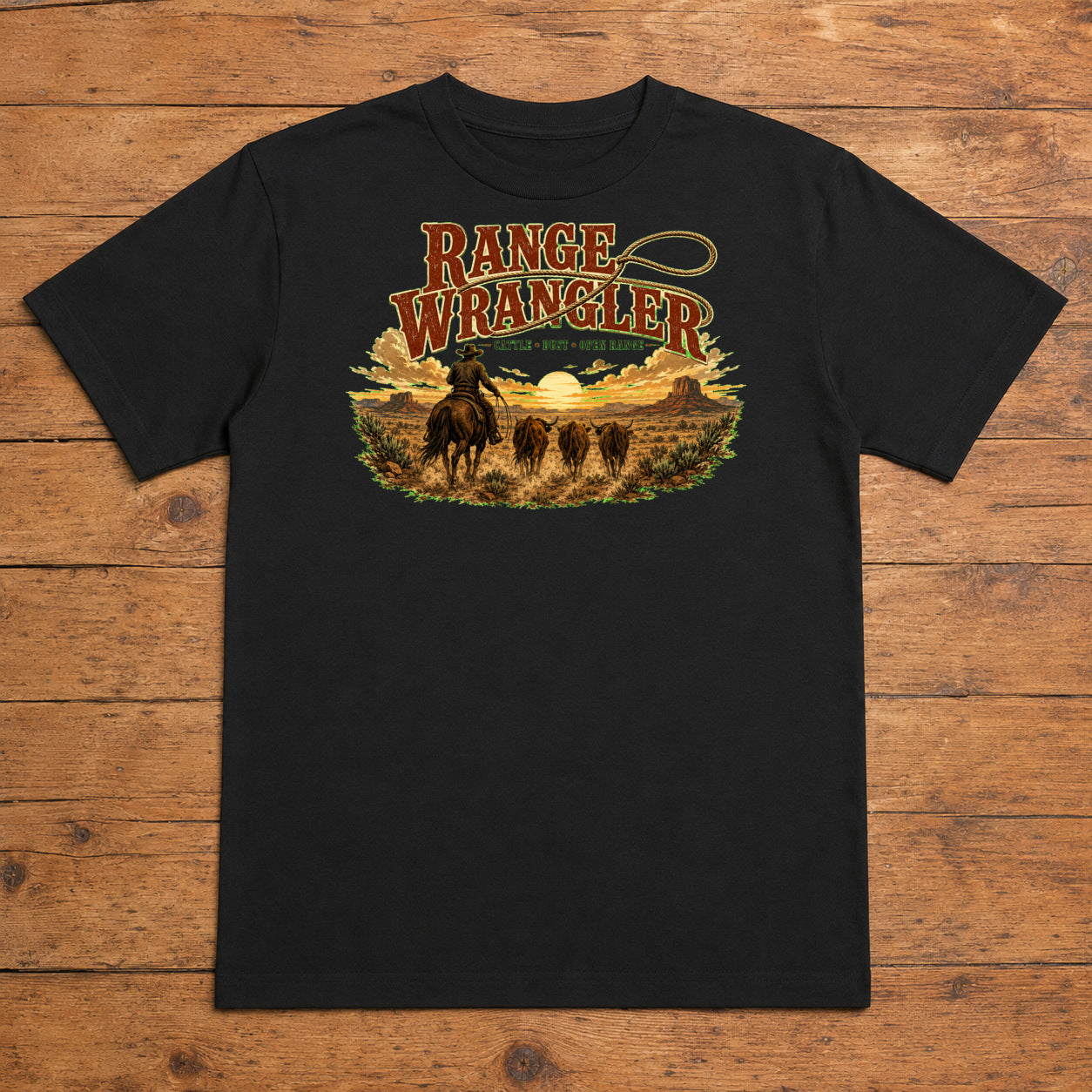 Range Wrangler Premium DTF T-Shirt flat lay showing large back print