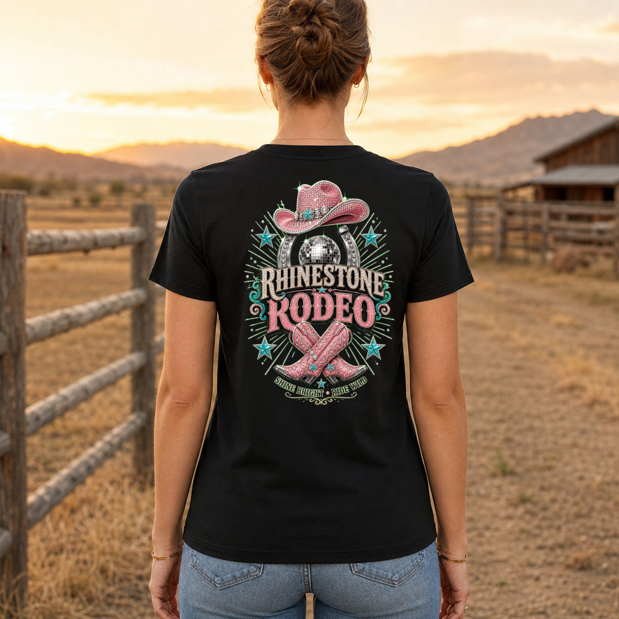 Rhinestone Rodeo Premium DTF T-Shirt women’s back fit showing centred DTF print