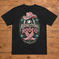 Rhinestone Rodeo Premium DTF T-Shirt flat lay showing large back print