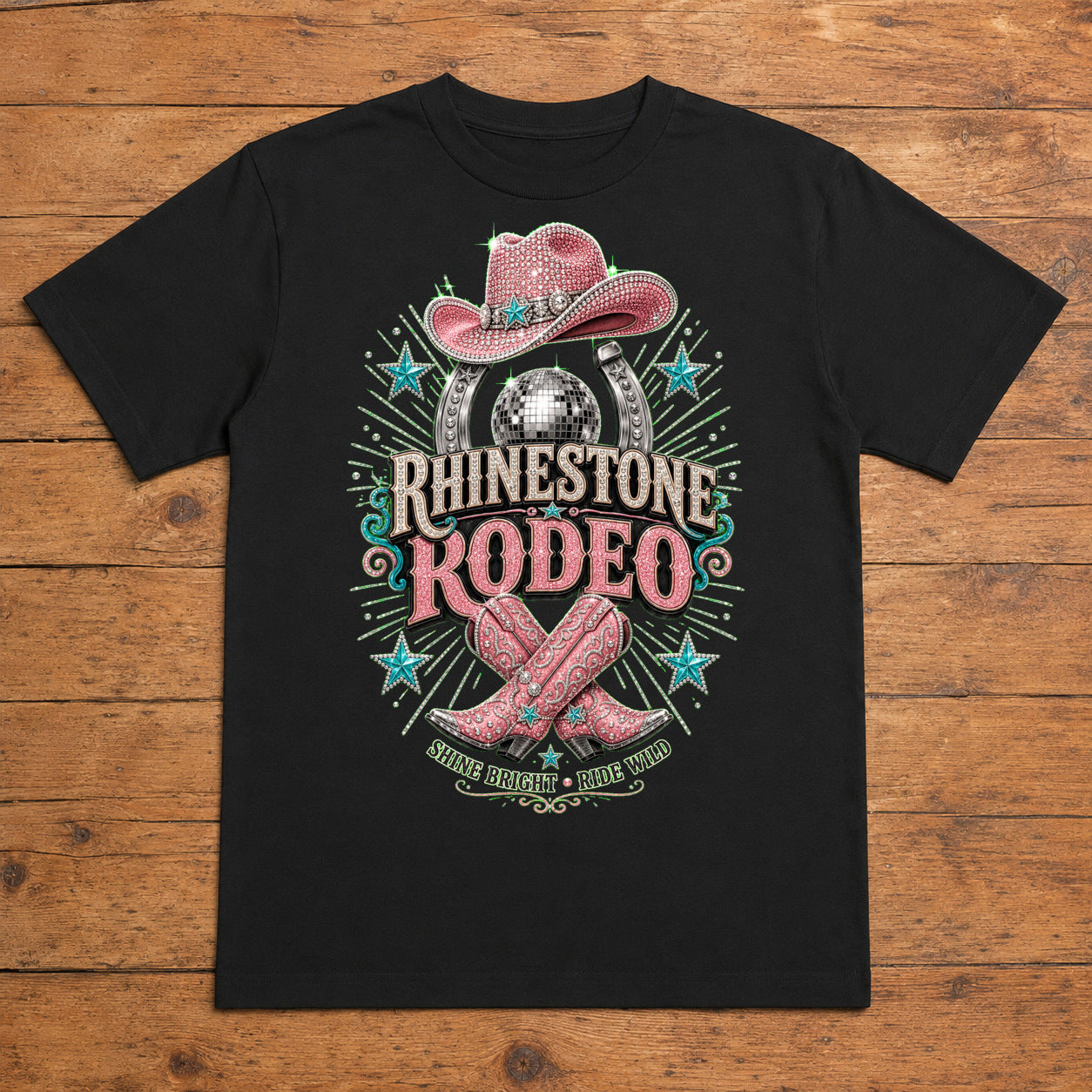 Rhinestone Rodeo Premium DTF T-Shirt flat lay showing large back print
