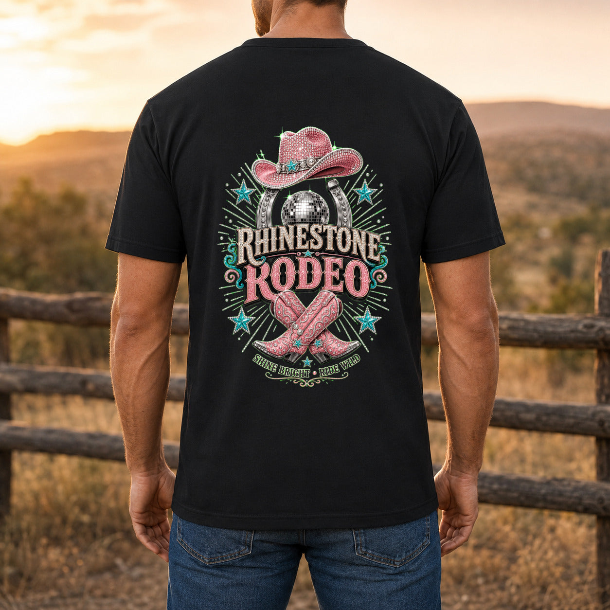 Rhinestone Rodeo Premium DTF T-Shirt men’s back fit showing DTF print