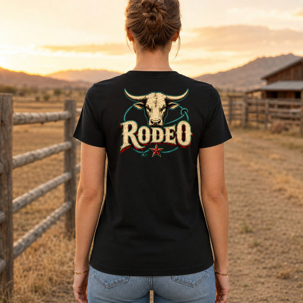 Rodeo Bull Premium DTF T-Shirt women’s back fit showing centred DTF print