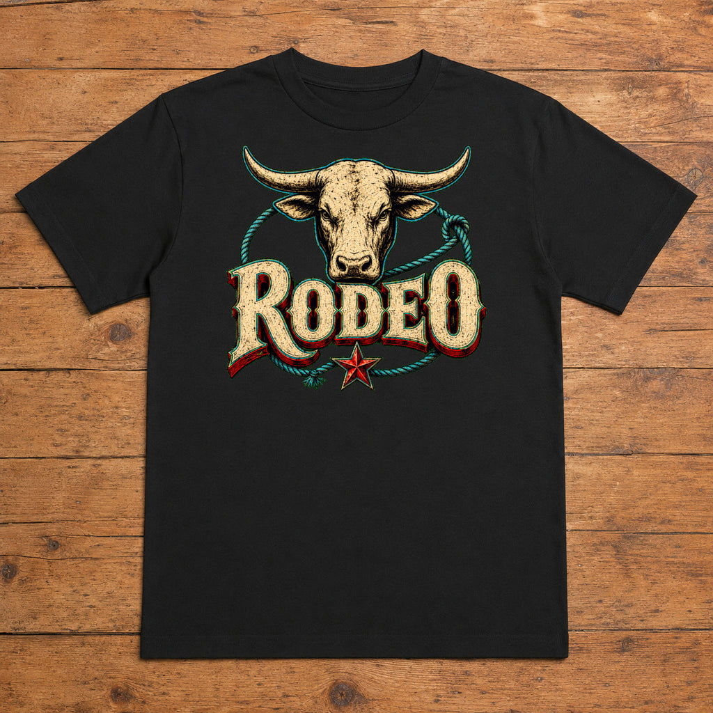 Rodeo Bull Premium DTF T-Shirt flat lay showing large back print