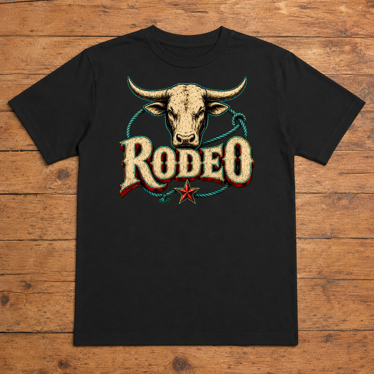 Rodeo Bull Premium DTF T-Shirt flat lay showing large back print