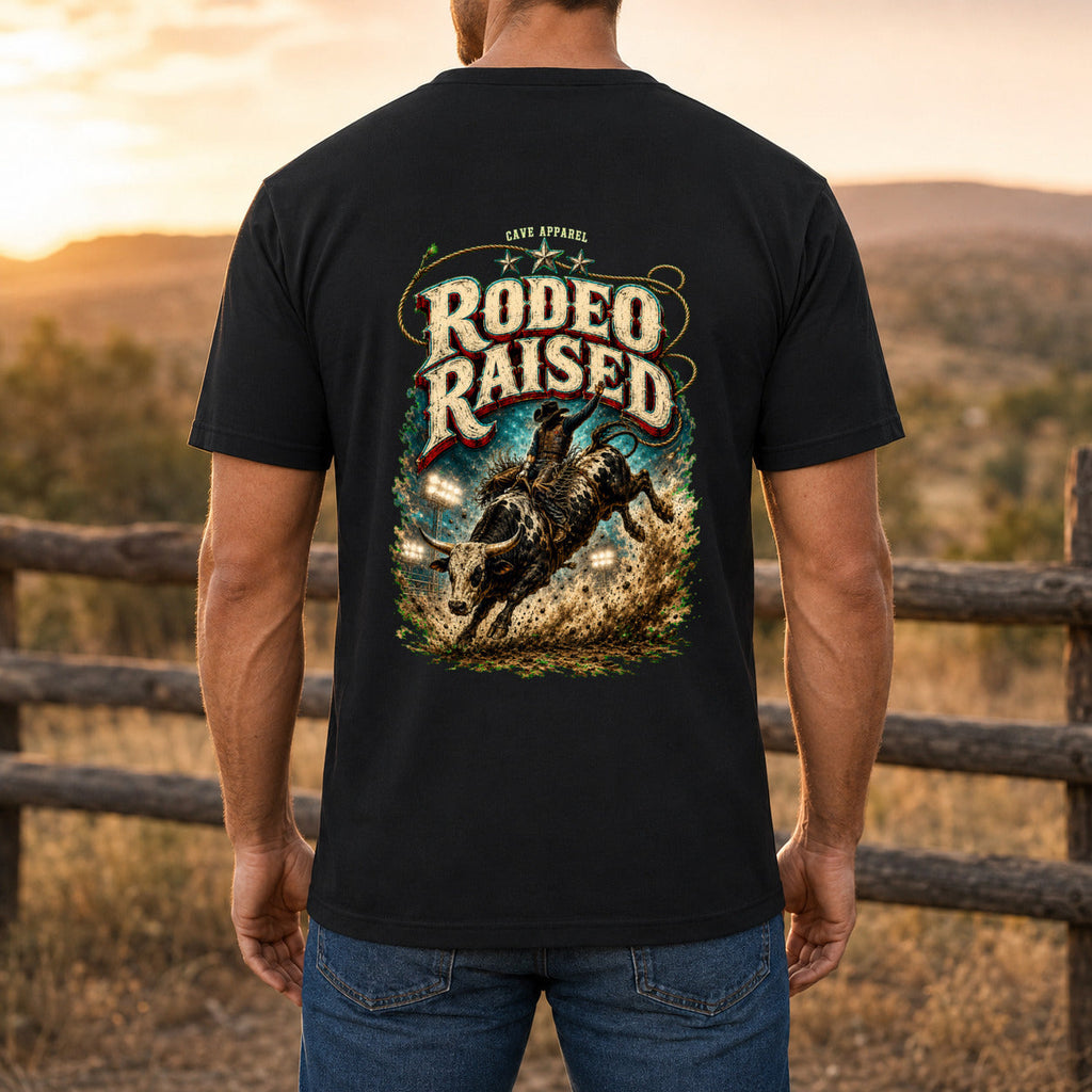 Rodeo Raised Premium DTF T-Shirt men’s back fit showing DTF print
