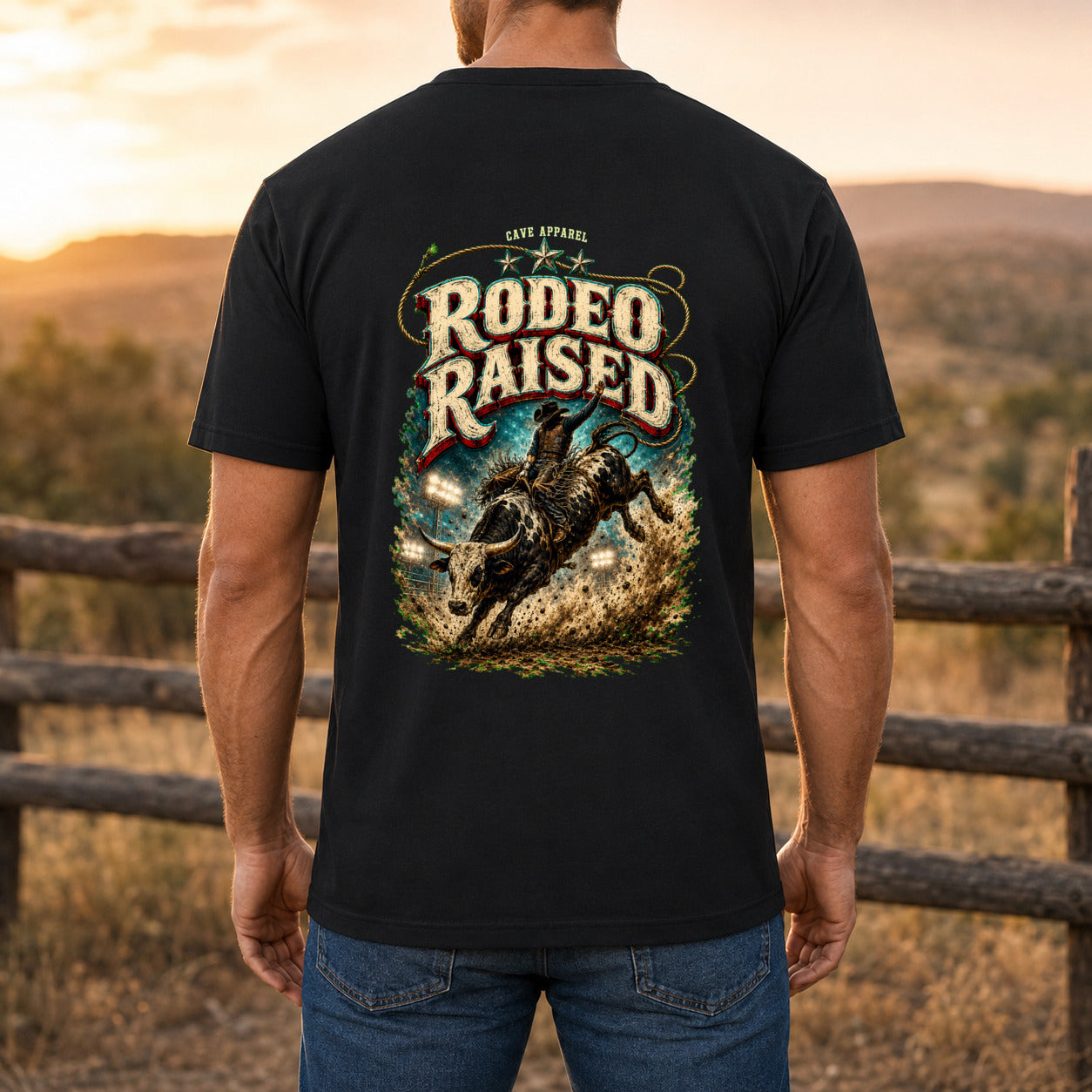 Rodeo Raised Premium DTF T-Shirt men’s back fit showing DTF print