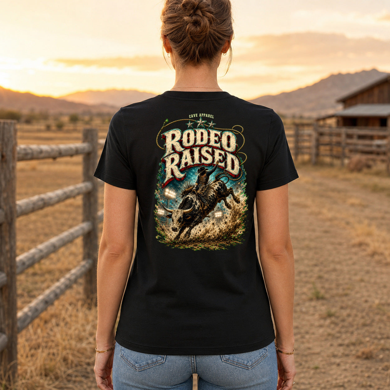 Rodeo Raised Premium DTF T-Shirt women’s back fit showing centred DTF print