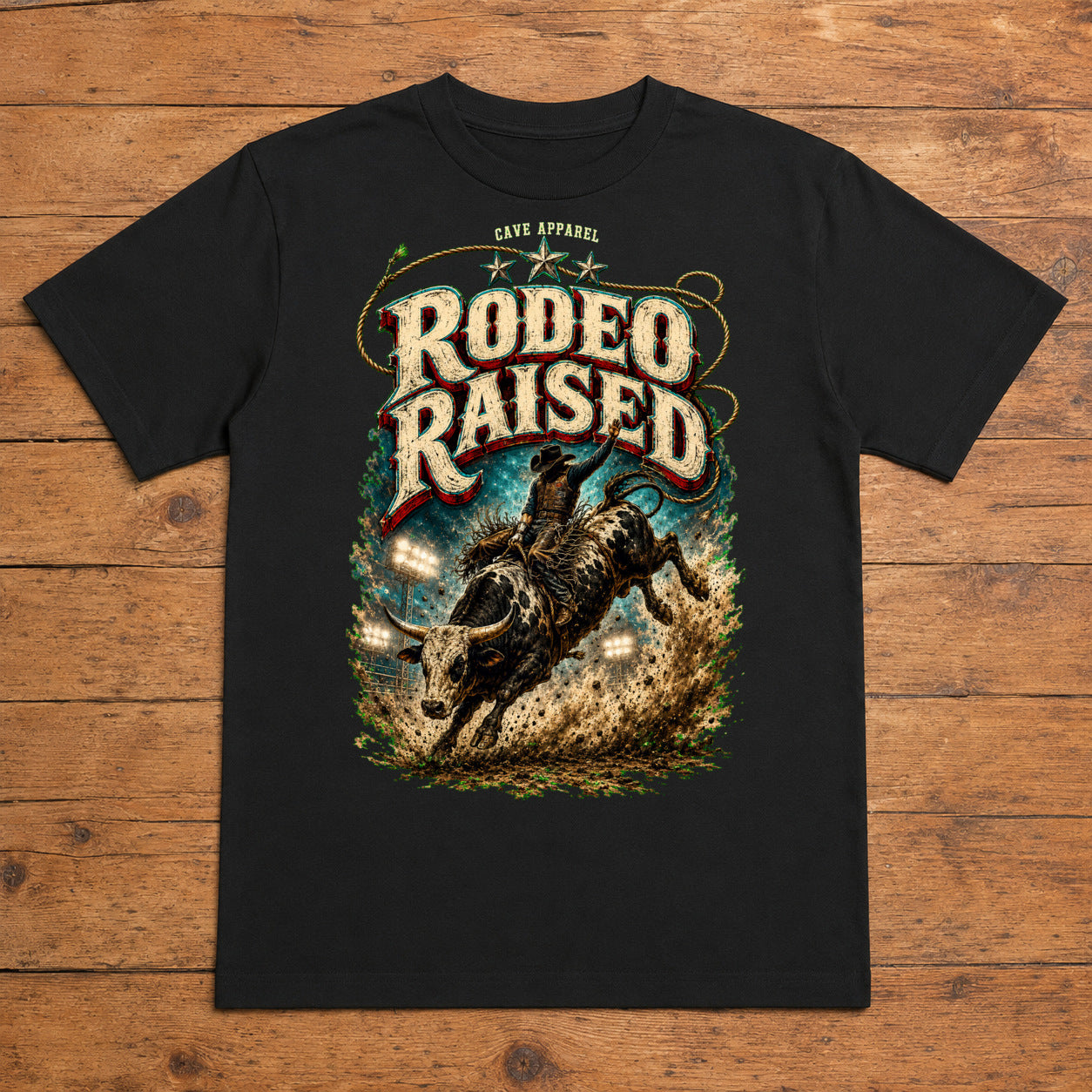 Rodeo Raised Premium DTF T-Shirt flat lay showing large back print