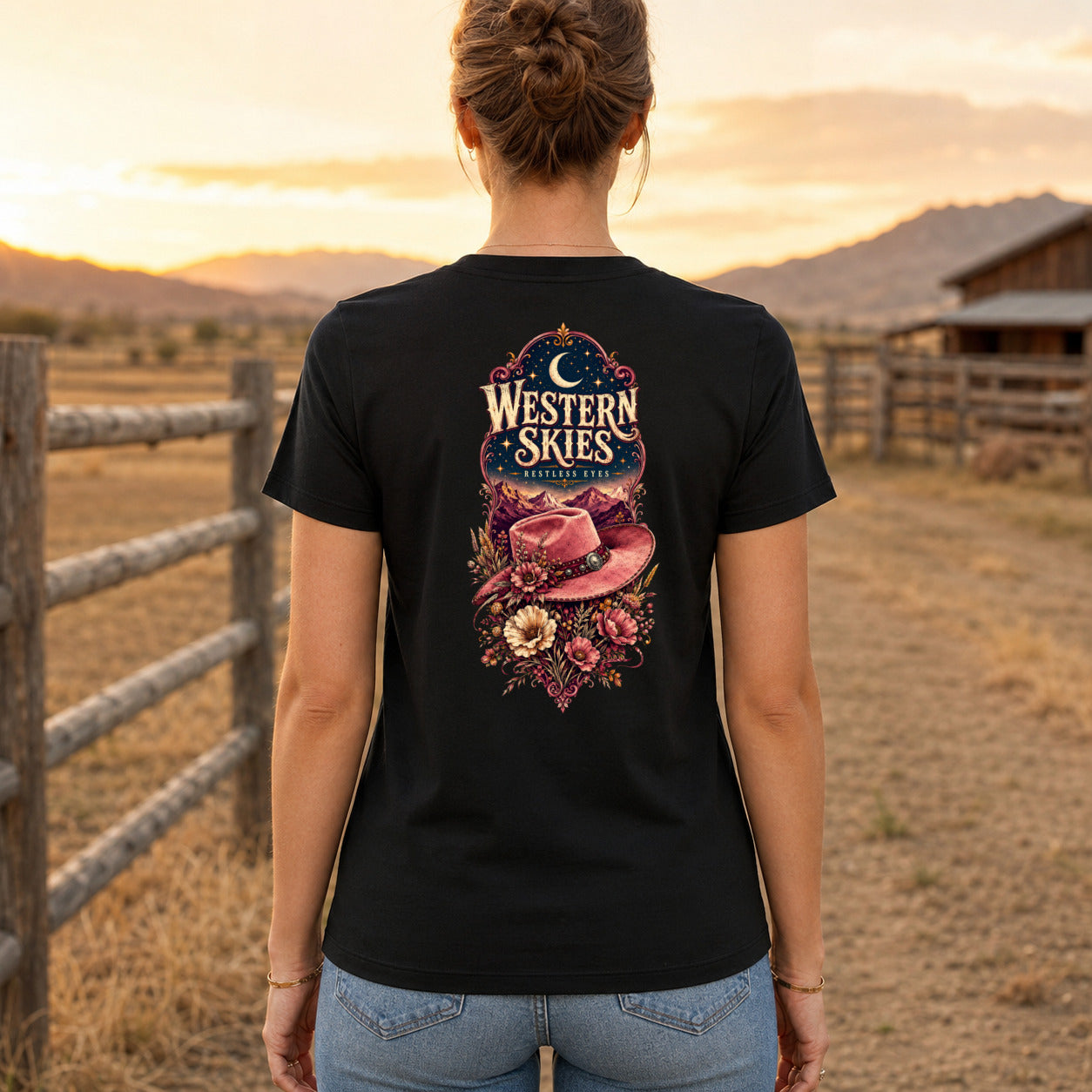 Western Skies Restless Eyes country T-shirt women's back fit