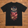 Western Skies Restless Eyes black cowgirl western T-shirt flat lay with large back print