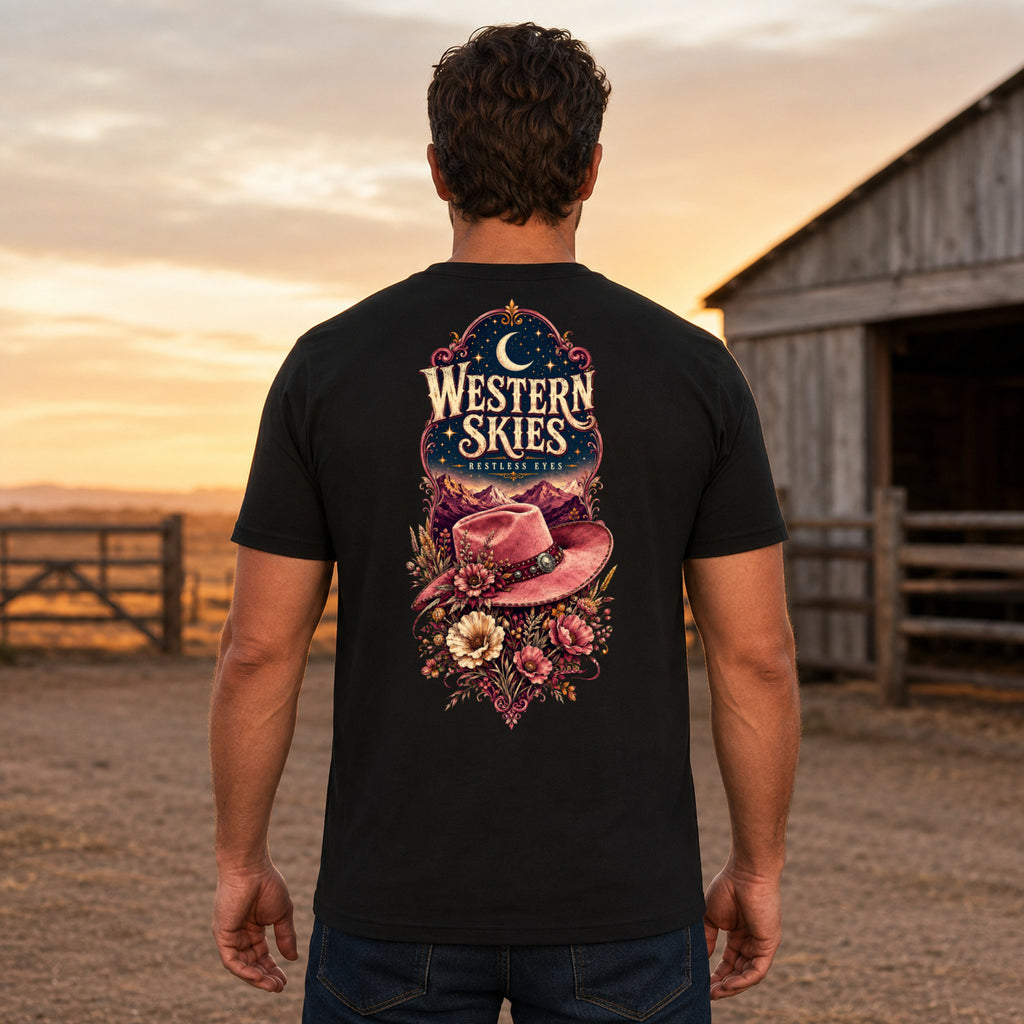 Western Skies Restless Eyes country T-shirt men's back fit