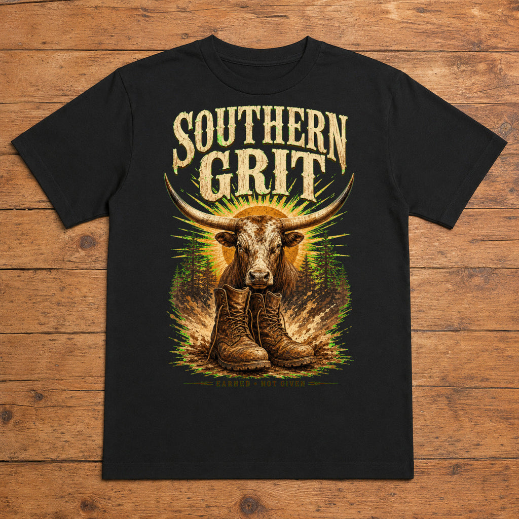Southern Grit Premium DTF T-Shirt flat lay showing large back print