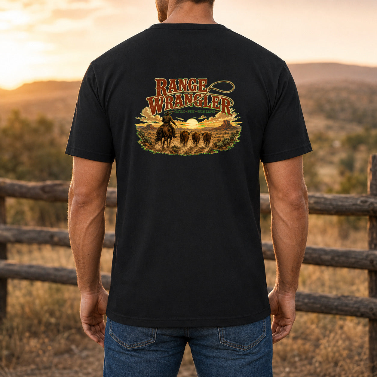 Range Wrangler Premium DTF T-Shirt men’s back fit showing DTF print