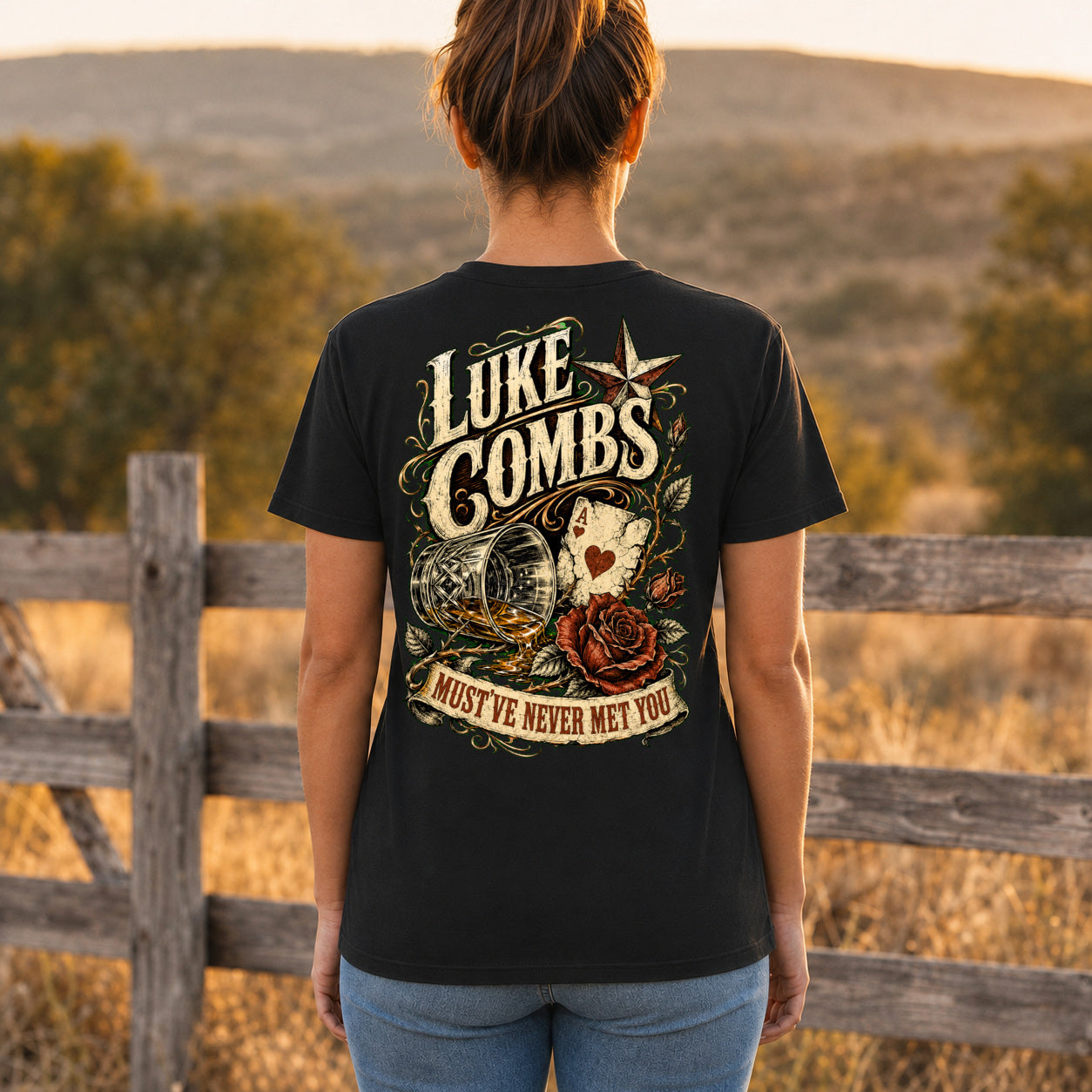 Luke Combs “Must’ve Never Met You” Back-Print T-Shirt female back-view mockup