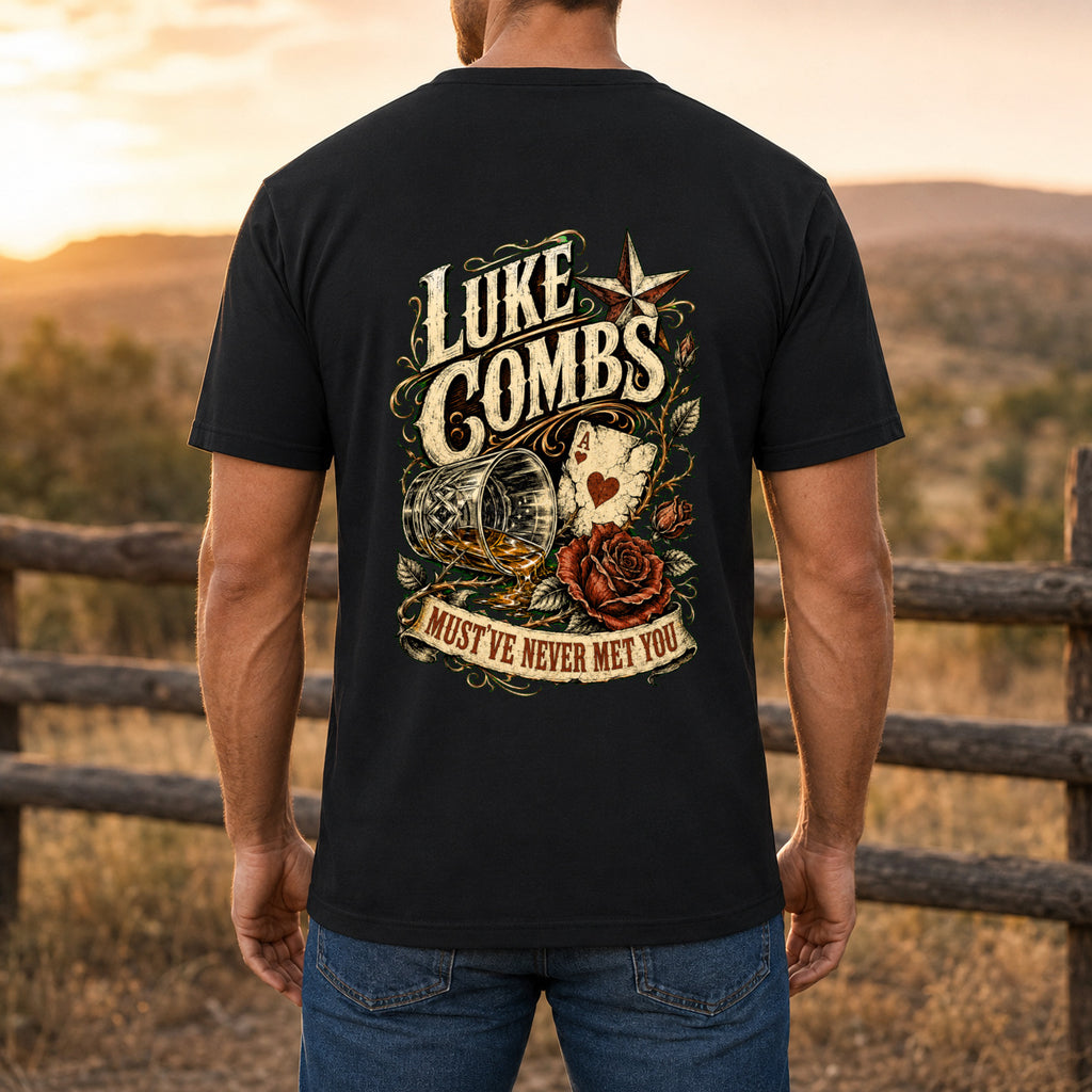 Luke Combs “Must’ve Never Met You” Back-Print T-Shirt male back-view mockup