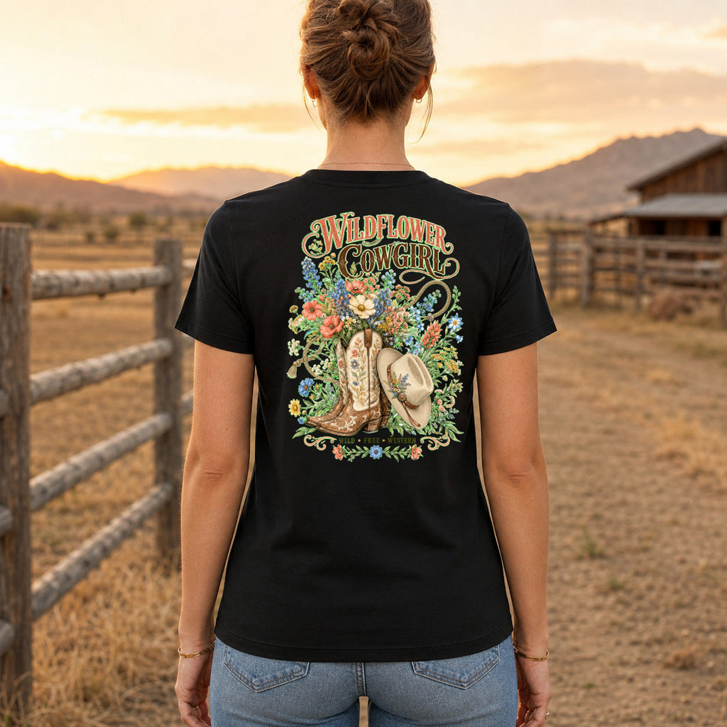 Wildflower Cowgirl Premium DTF T-Shirt women’s back fit showing centred DTF print