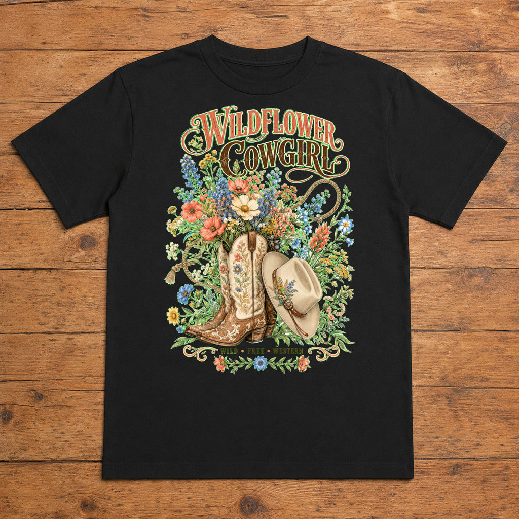 Wildflower Cowgirl Premium DTF T-Shirt flat lay showing large back print